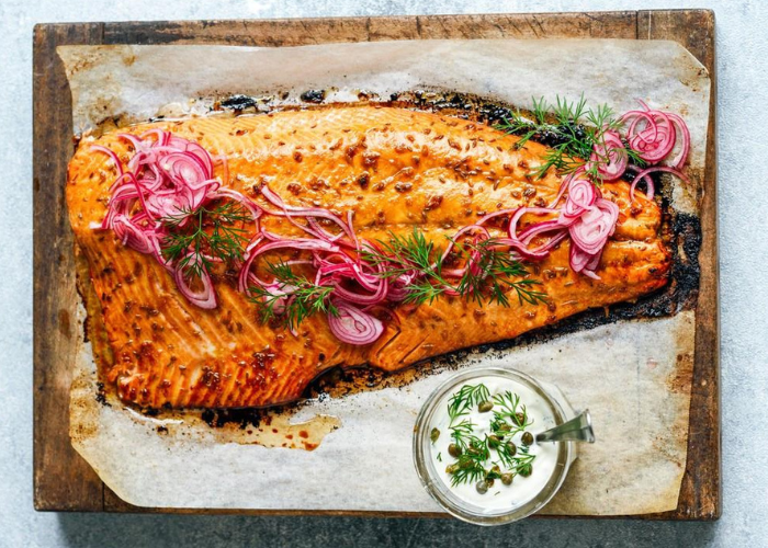 Salmon, Pomegranate Glaze & Herby Yoghurt Mayonnaise