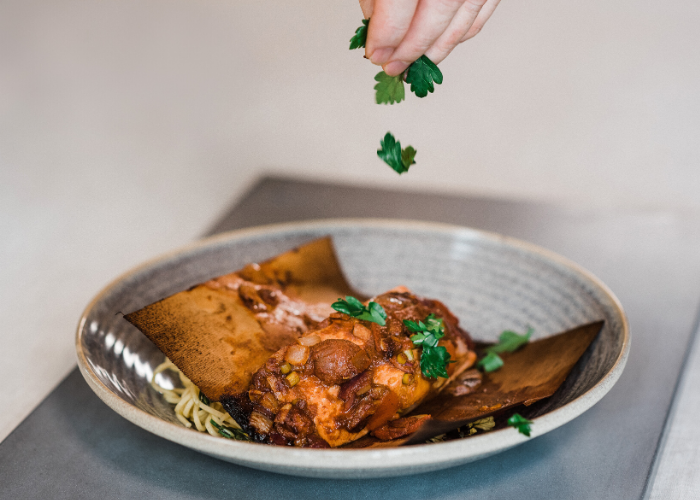 Cedar Wrapped Salmon with Roast Red Pepper and Tomato Chermoula