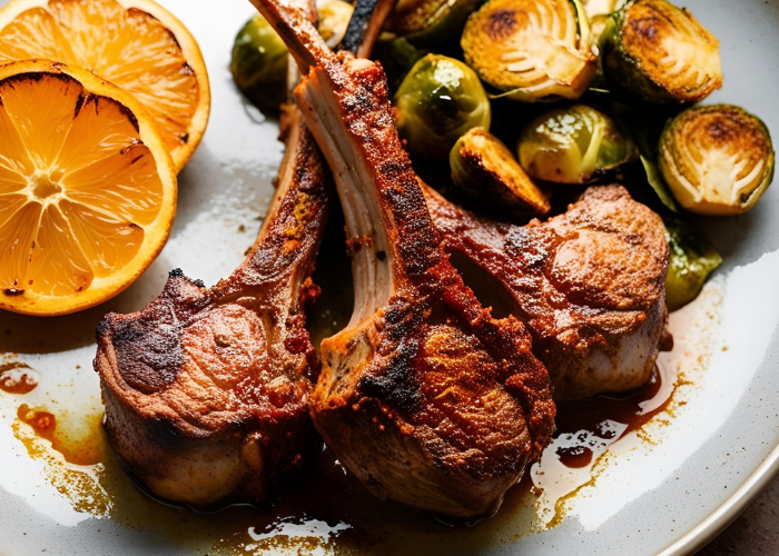 Harissa BBQ Lamb Loin Chops with Roasted Citrus Brussels Sprouts