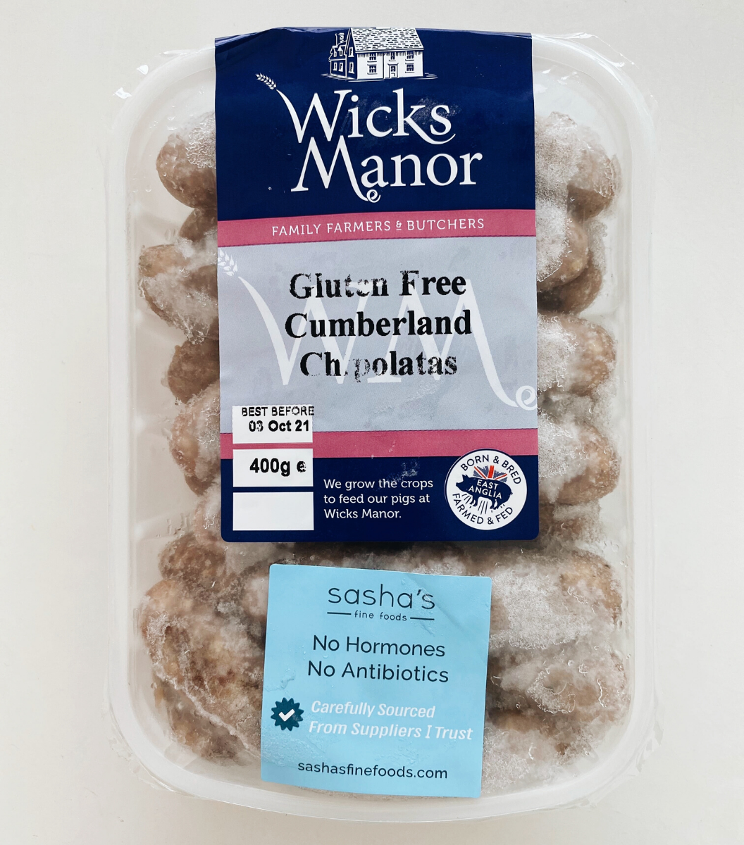 12 per pack of frozen gluten free cumberland chipolatas.