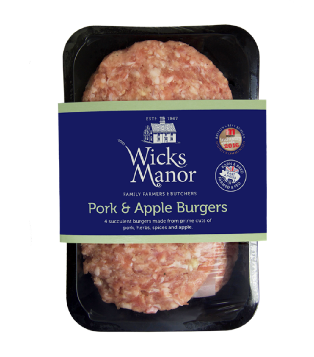Frozen pack of premium Wicks Manor Pork & Apple burger | Sasha's Fine Foods Online Grocery Store in Singapore