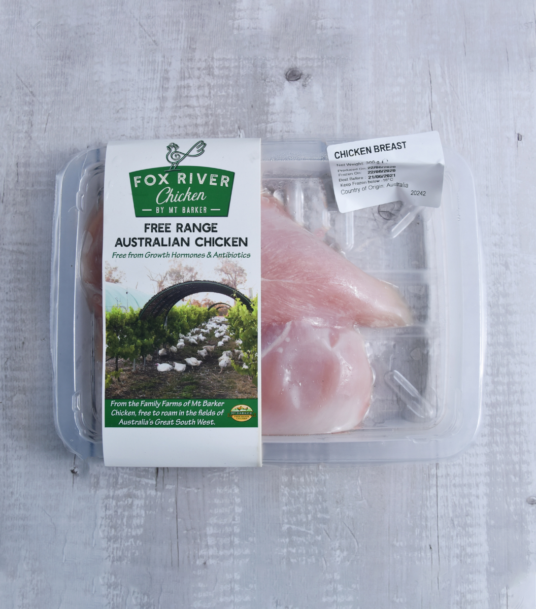 A pack of frozen Fox River Australian free-range chicken breast