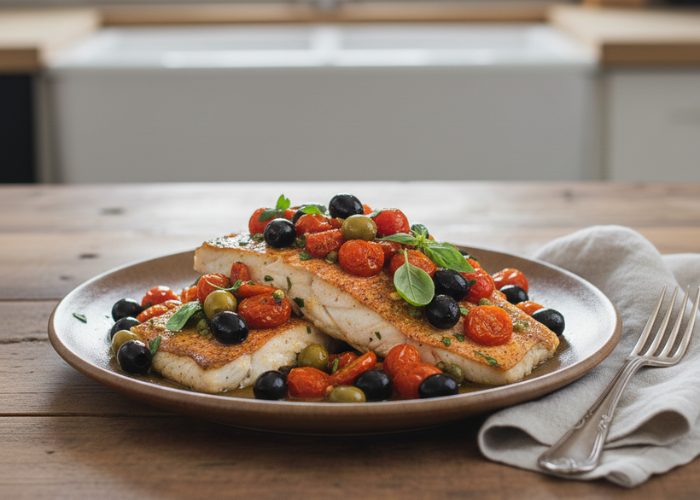 Mediterranean Baked Red Snapper with Tomato, Olive & Herbs