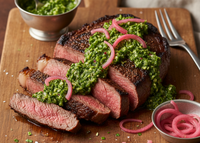 Grass-Fed Sirloin with Chimichurri Verde & Pickled Shallots