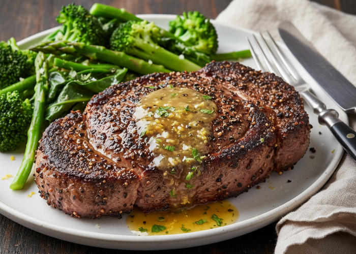 Pepper-Crusted Ribeye with Steamed Greens & Lemon Butter