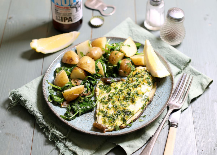 Plaice Fillet with Lemon Parsley Butter, Spinach, and Crushed Potatoes on Plate