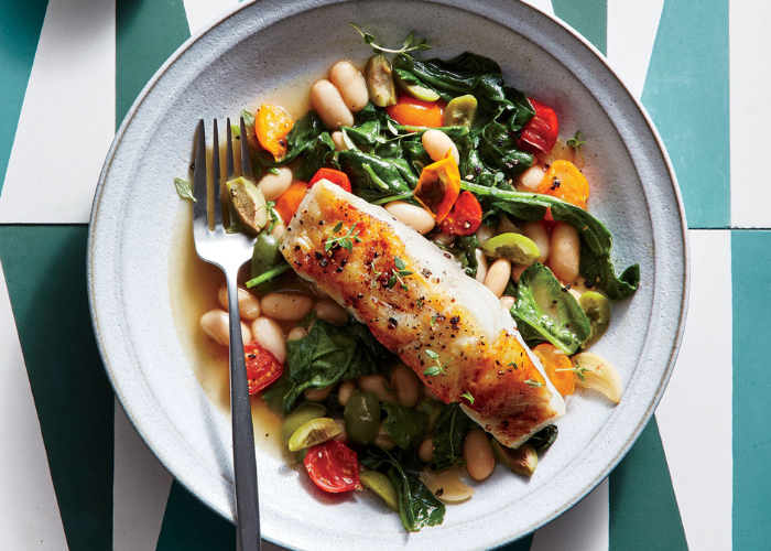 Seared Sea Bass with Lemon-Olive White Beans