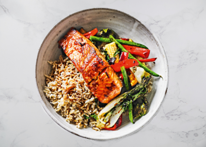 Teriyaki Trout & Rainbow Vegetable Quinoa Bowl