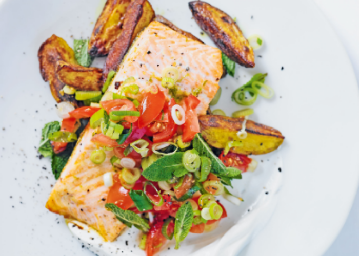 Trout with Crispy Potatoes and Minted Tomatoes