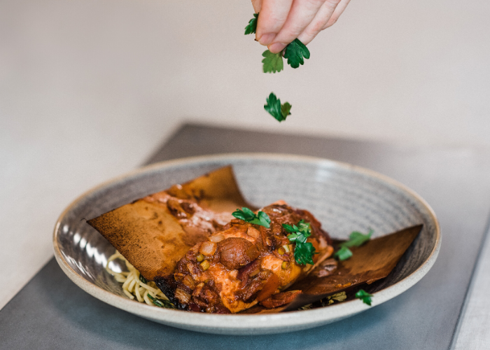 Cedar Wrapped  Salmon with Roast Red Pepper and Tomato Chermoula