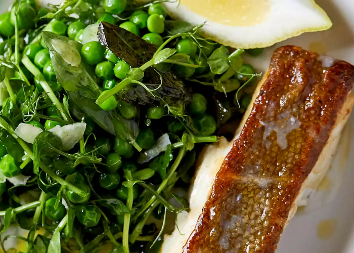 Roast Cod with Slow-Cooked English Peas and Shoots