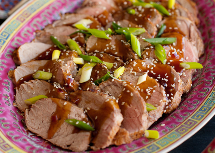 Delicious Slices of Pork Tenderloin with Honey Garlic Sauce and Green Onion