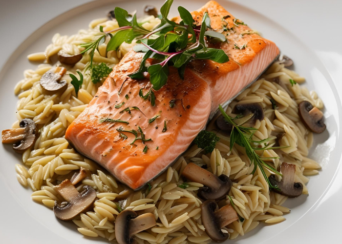 Glazed Salmon on Japanese Inspired Mushroom Orzo