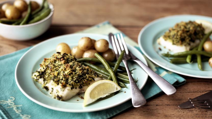 Oven baked Blue Cod Fillet with Herby Crust and grilled potatoes from Sasha's Favourite Recipes