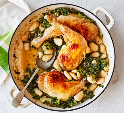 Chicken Legs with Pesto, Butter Beans and Kale