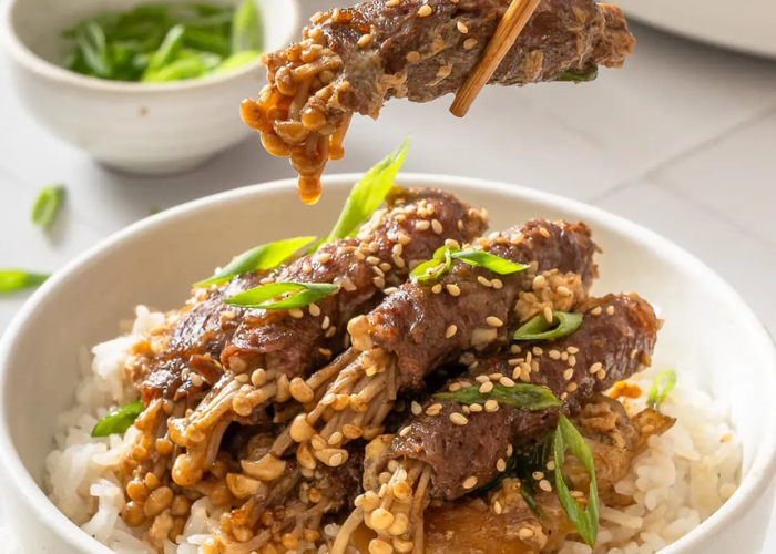 Pork Enoki Roll Rice Bowl