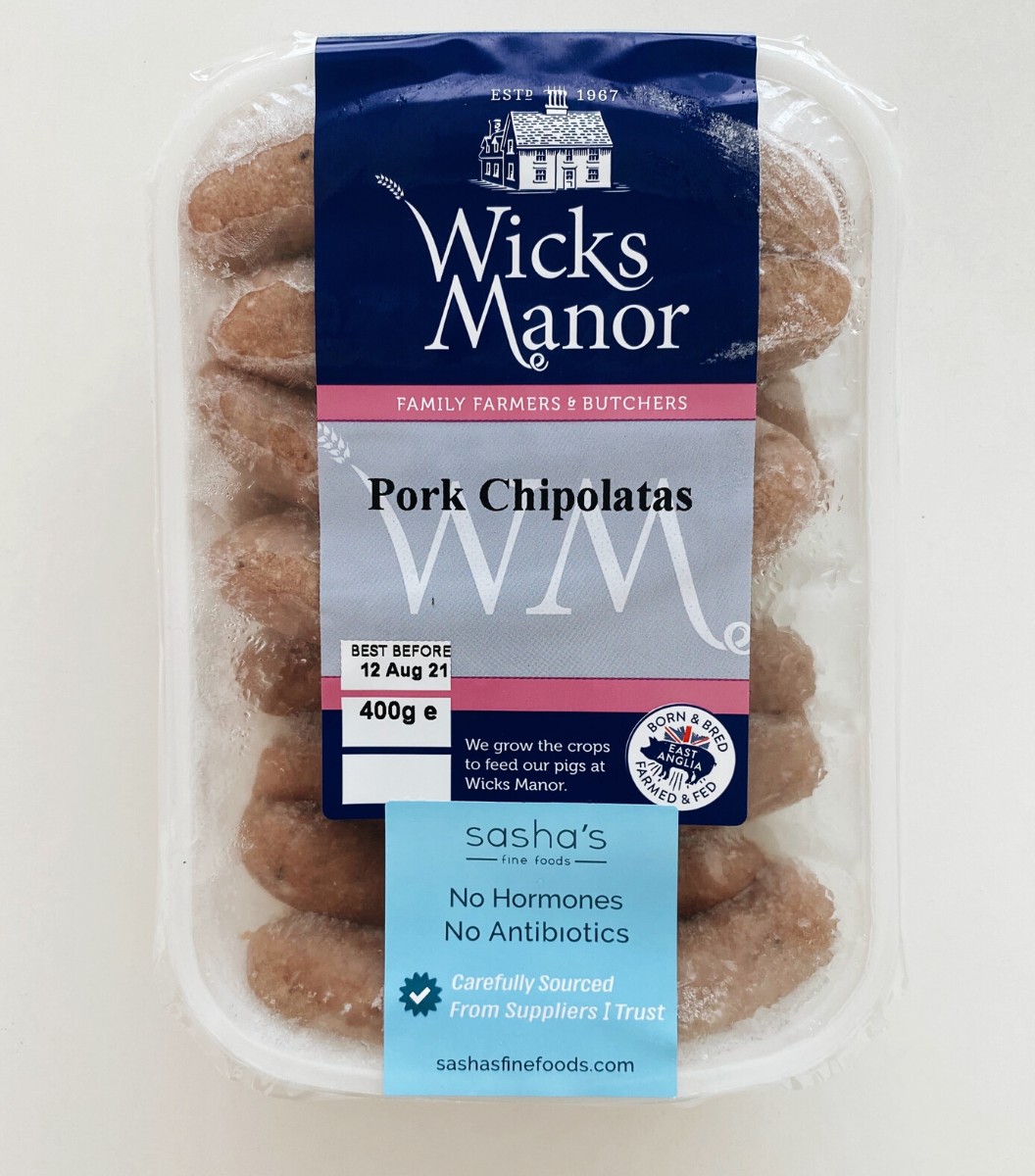 12 per pack of Wicks Manor Pork Chipolatas sausages - 400g