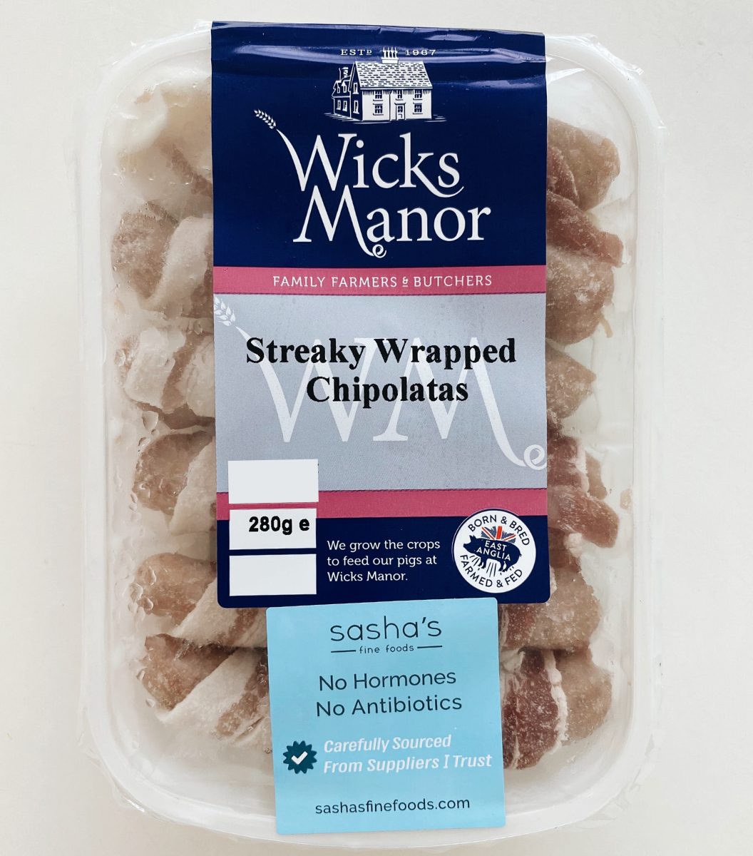 6 per pack of Wicks Manor English Pork Chipolatas wrapped in Smoked Streaky Bacon | Sasha trusted online grocery delivery in Singapore