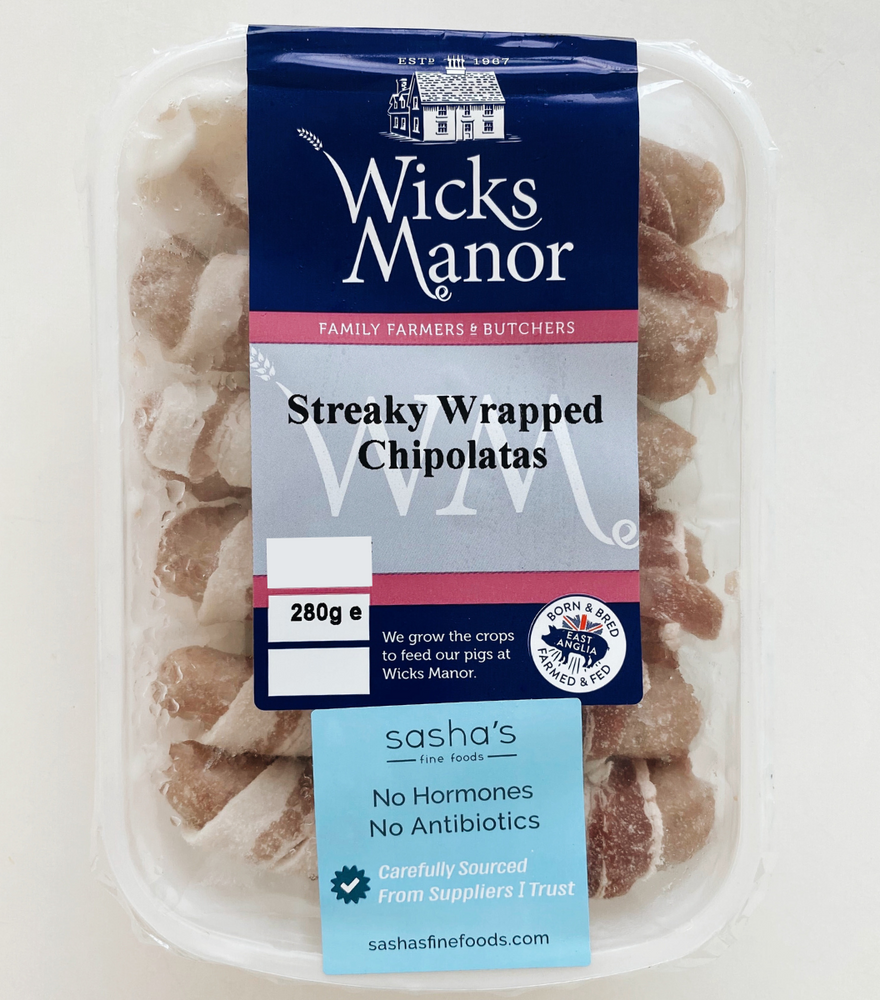 
                  
                    6 per pack of Wicks Manor English Pork Chipolatas wrapped in Smoked Streaky Bacon | Sasha trusted online grocery delivery in Singapore
                  
                