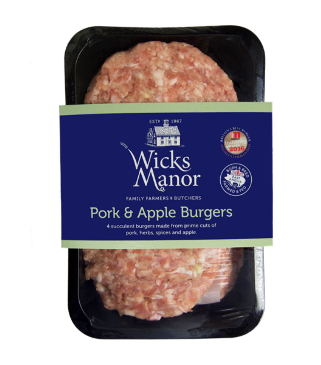 Frozen pack of premium Wicks Manor Pork & Apple burger | Sasha's Fine Foods Online Grocery Store in Singapore 