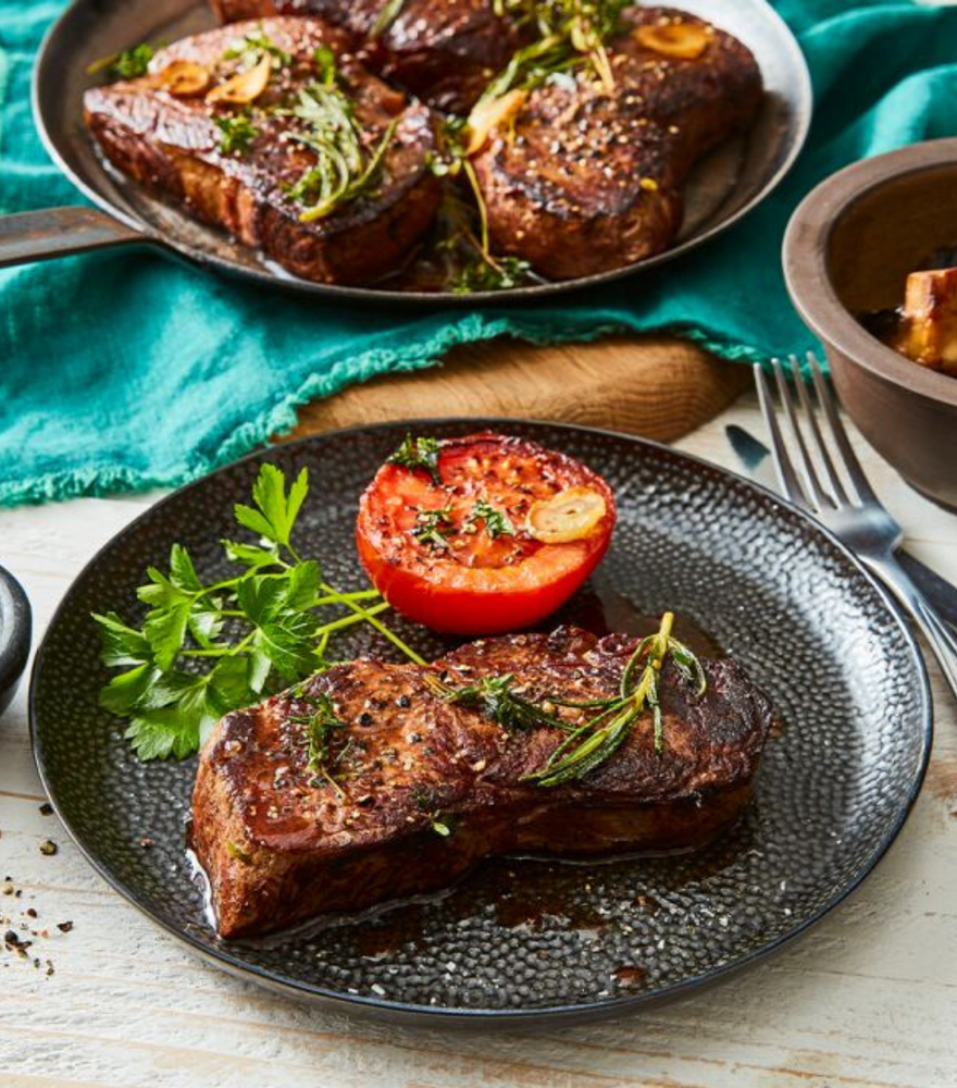 Beautiful roasted Green Meadows New Zealand Angus Beef Rump Steak with rosted tomato aside